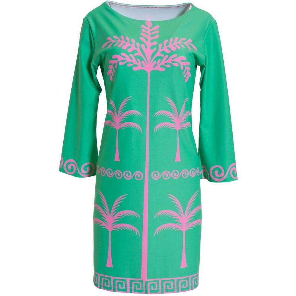 NEW MICHELLE PARISOU tropical palms pink and green dress